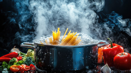 A dynamic image of a pot with boiling water, with steam swirling around and kitchen ingredients like pasta or vegetables ready to be added.の素材