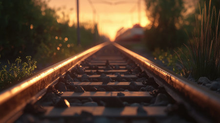 A detailed shot of train tracks leading into the distance, with rails gleaming and a train approaching, emphasizing the journey ahead.の素材