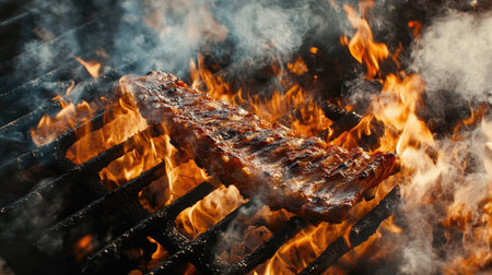 A dynamic image of pork ribs being grilled over an open flame, with smoke rising and the ribs getting a perfect sear, showcasing the grilling process.の素材