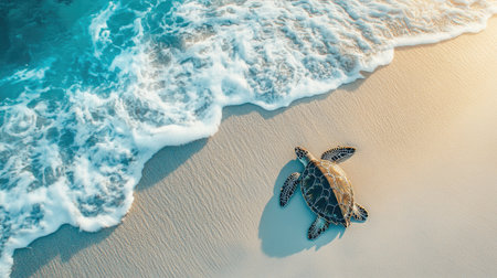 A high-angle view of a sea turtle resting on a sandy beach, with its shell blending into the beach environment and the ocean waves gently lapping nearby.の素材