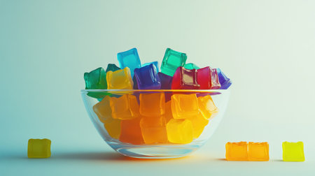 A festive scene with a bowl of rainbow-colored jelly cubes, with a focus on the bright and inviting colors and a clean white background enhancing the visual appeal.の素材