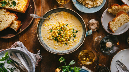 A stylish shot of corn-based dishes like corn chowder and corn bread on a dining table, showcasing the versatility and appeal of corn in different recipes.の素材