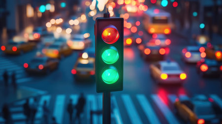 A vibrant image of a traffic light with the green signal glowing, surrounded by bustling city traffic and pedestrians, indicating the go signal.の素材