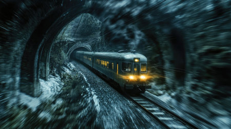 A high-definition image of a train passing through a tunnel, with the motion and lighting effects creating a dramatic and immersive travel experience.の素材