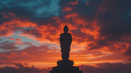 A dramatic silhouette of a Buddha statue against a vibrant sunset sky, with warm hues highlighting the serene and peaceful aura of the figure.の素材