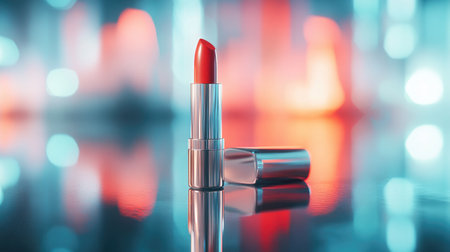 A stylish image of a lipstick tube with a reflective surface, placed on a glass table, with the reflection and background creating a modern and elegant look.の素材