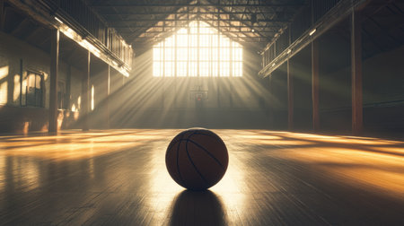 A serene image of a single basketball resting on a wooden court, with the focus on the ball's texture and the surrounding empty, well-lit gymnasium.の素材