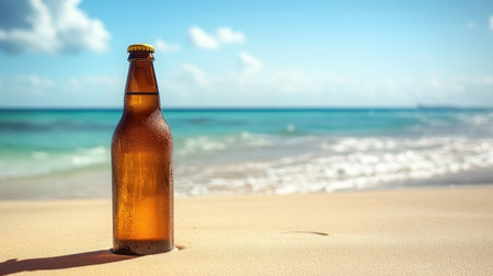 A serene image of a solitary beer bottle on a sandy beach with the ocean in the background, evoking a relaxed, vacation-style setting.の素材
