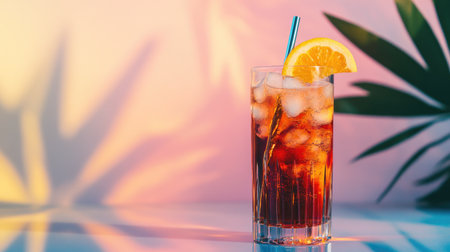 A stylish image of a glass of sparkling soda with a fancy straw and fruit slice, set on a polished table with a minimalistic, modern decor in the background.の素材