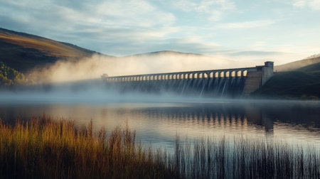 A serene shot of a large reservoir behind a dam with mist rising off the water, set against a backdrop of rolling hills and early morning light.の素材