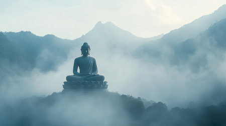 A peaceful image of a Buddha statue silhouette surrounded by misty mountains, with the mist and early morning light enhancing the serene and meditative ambiance.の素材