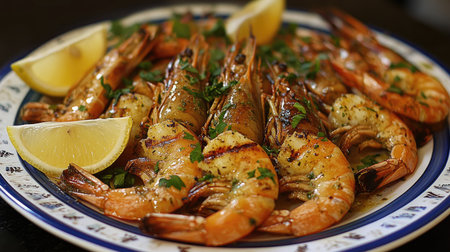 A vibrant plate of succulent grilled shrimp, arranged neatly with lemon wedges and fresh herbs, highlighting the juicy and flavorful texture.の素材
