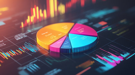A vibrant D pie chart with various financial segments in different colors, floating above a digital interface, symbolizing modern data visualization in finance.の素材