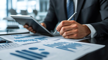 A young businessman reviewing financial reports on his tablet while sitting at a conference table, with a thoughtful expression and a pen in hand.の素材