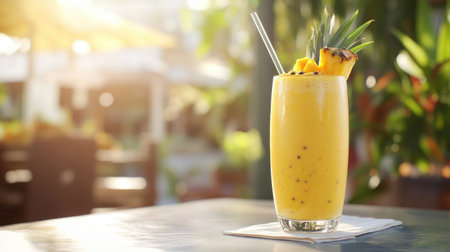 A vibrant tropical fruit smoothie with pineapple, mango, and passion fruit, served in a clear glass with a straw, set against a sunny outdoor patio.の素材