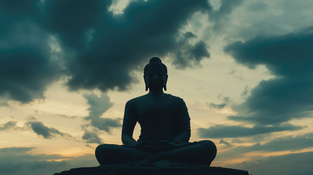 A close-up silhouette of a Buddha statue meditating, set against a backdrop of a cloudy sky at dawn, creating a tranquil and contemplative atmosphere.の素材