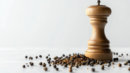 A clean, minimalistic image of a pepper mill with whole peppercorns and ground pepper displayed on a white surface, emphasizing its function and design.の素材