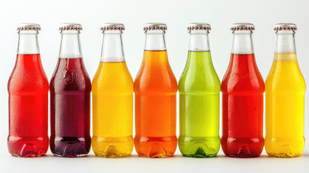 A vibrant arrangement of colorful soft drink bottles showcases a refreshing selection of beverages with bubbles and condensation, perfect for summer events or celebrations.の素材