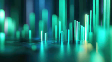 An abstract visualization of data represented by glowing green bars, creating a dynamic and futuristic ambiance ideal for technology and digital themes.の素材