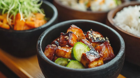 A beautifully arranged bowl of grilled meat with pickled cucumbers and fresh vegetables creates an inviting dish perfect for food lovers and culinary enthusiasts.の素材