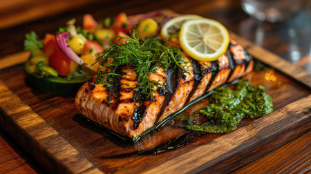A beautifully presented grilled salmon fillet garnished with fresh herbs and lemon, served alongside a vibrant vegetable salad on a rustic wooden platter. Ideal for food photography.の素材