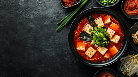 Experience the vibrant flavors of a spicy tofu stew, beautifully garnished and presented with fresh ingredients against a sleek, dark background. Perfect for food lovers!の素材