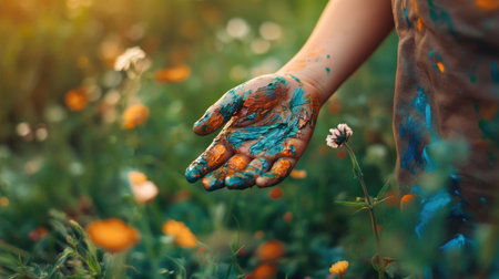 A close-up image of a hand stained with colorful paint, resting in a lush flower garden, reflecting creativity and a joyful connection to nature. Perfect for art-themed projects.の素材