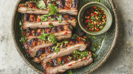 Savor the perfection of grilled meat garnished with fresh herbs, served alongside a vibrant, spicy dipping sauce. Ideal for culinary delights.の素材