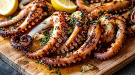A mouthwatering display of grilled octopus garnished with fresh herbs and lemon, resting on a wooden board. Perfect for seafood lovers and gourmet cooking enthusiasts.の素材