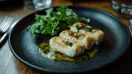 A visually appealing seafood appetizer featuring grilled portions accompanied by fresh greens and a flavorful herb sauce, perfect for a stylish dining experience.の素材