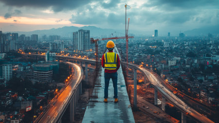 A construction worker stands on a high rooftop, gazing at the sprawling city skyline during dusk. The scene captures the blend of urban development and natural beauty.の素材