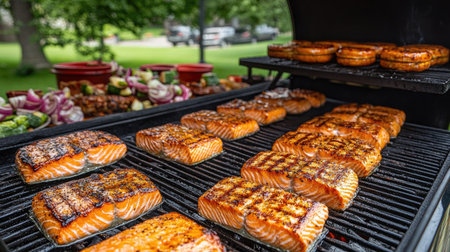 Enjoy a mouthwatering view of grilled salmon fillets sizzling on a barbecue, surrounded by fresh vegetables, capturing the essence of outdoor cooking and summer gatherings.の素材