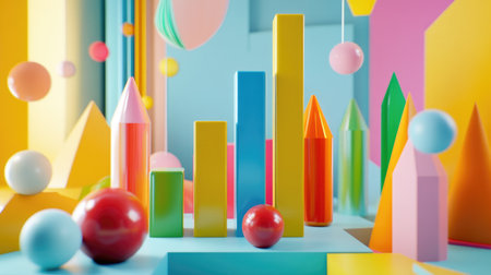 Explore a vibrant arrangement of geometric shapes in bright colors, creating a lively and artistic atmosphere, perfect for design projects, educational materials, or decor inspirations.の素材