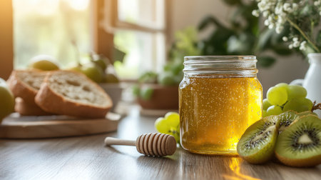 A jar of golden honey is featured with a wooden dipper, surrounded by grapes, sliced kiwi, and bread, all beautifully arranged in a sunlit kitchen setting.の素材