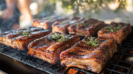 An enticing close-up of grilled meat on a barbecue grill, showcasing smoky flavors and perfect searing. This mouthwatering scene captures outdoor cooking at its finest.の素材