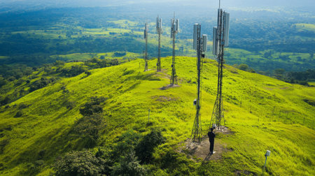 Aerial view of communication towers standing on a vibrant green hill under a clear blue sky, blending technology with nature in a picturesque landscape.の素材