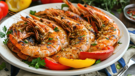 A mouthwatering dish of grilled spicy shrimp, garnished with colorful bell peppers and fresh herbs, ideal for food enthusiasts seeking delicious seafood recipes.の素材
