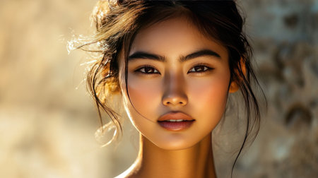A stunning young woman with radiant skin and a captivating expression stands in soft sunlight. This portrait captures her natural beauty in an outdoor setting, evoking warmth and serenity.の素材
