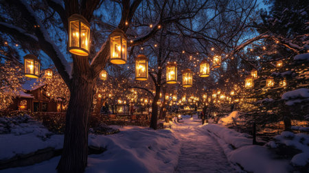 A picturesque winter pathway adorned with glowing lanterns and twinkling lights, surrounded by snow-covered trees, creating a serene and magical atmosphere perfect for outdoor gatherings.の素材