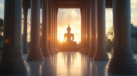 A tranquil scene featuring a serene Buddha statue framed by majestic columns at sunset, creating a peaceful atmosphere perfect for spiritual reflection.の素材