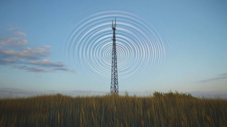 A radio tower stands tall against a clear blue sky, emitting waves of wireless signals. The serene landscape showcases a blend of technology and nature, creating a visually striking scene.の素材