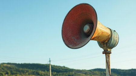 This image features a vintage metal megaphone against a clear blue sky, showcasing its rusted texture and a serene hillside backdrop, ideal for various creative projects.の素材