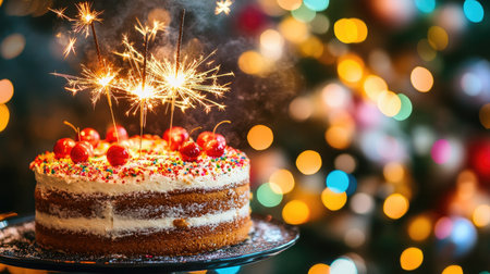 A beautifully decorated celebration cake topped with cherries and sparklers, set against a vibrant bokeh background, perfect for joyous occasions and festive gatherings.の素材