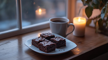 A cozy scene featuring a plate of brownies beside a steaming cup of coffee and a softly glowing candle by the window, capturing the essence of relaxation and comfort.の素材