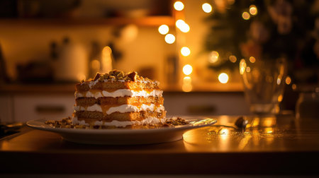 A stunning layered cake adorned with cream and nuts, illuminated by warm lights in a cozy kitchen setting, ideal for festive celebrations and gatherings.の素材