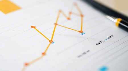 A detailed close-up view of a line graph with orange data points displayed on paper, captured alongside a sleek black pen, ideal for business and financial presentations.の素材