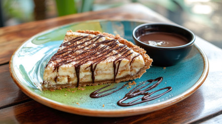 A tempting slice of banana cream pie served on a vibrant plate, drizzled with chocolate and accompanied by a small bowl of rich chocolate sauce, ideal for dessert lovers.の素材