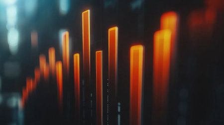 Dynamic abstract representation of data trends featuring glowing orange bars, symbolizing growth and performance in a sophisticated digital landscape.の素材