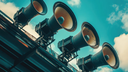 This image showcases vintage loudspeakers installed on a building, featuring a vibrant blue sky with fluffy clouds, symbolizing communication and sound amplification.の素材