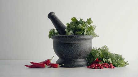 A rustic stone mortar and pestle filled with fresh cilantro and accompanied by vibrant red chilies, ideal for showcasing cooking ingredients and culinary creativity.の素材